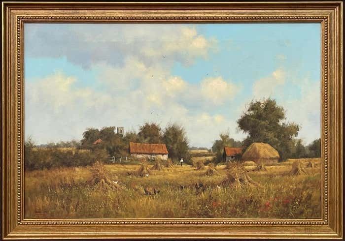 James Wright Farm Scene With Haystacks In The English Countryside By Realist Landscape Artist 1990 Circa