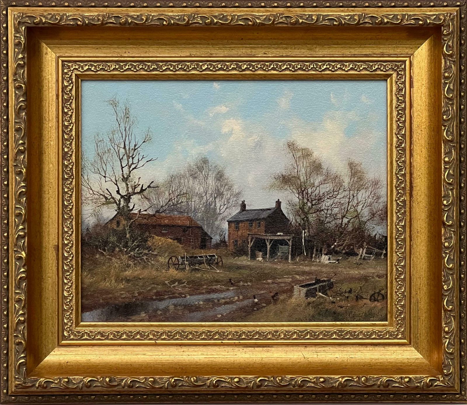 James Wright Painting Of Farm With Geese In The English Countryside By 20th Century Artist 1980 Circa