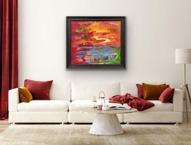 Angela Wakefield Abstract Blue Orange & Red Lake Sunset Landscape By Contemporary British Artist  2000