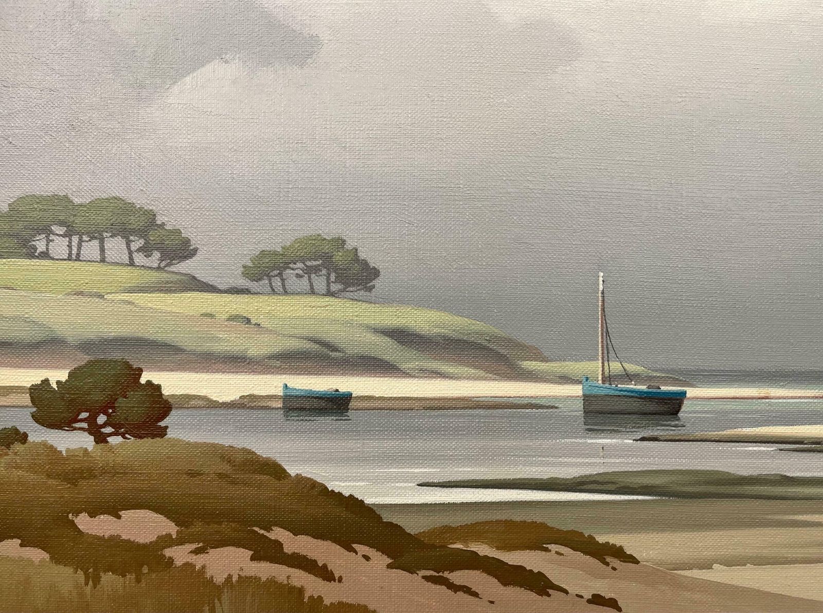 photo vintage Pierre De Clausade Coastal Seascape Landscape Painting With Boats By 20th Century French Artist  1972