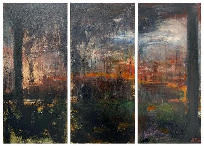 Angela Wakefield Triptych Abstract Forest Trees Landscape Painting By British Urban Artist 1999