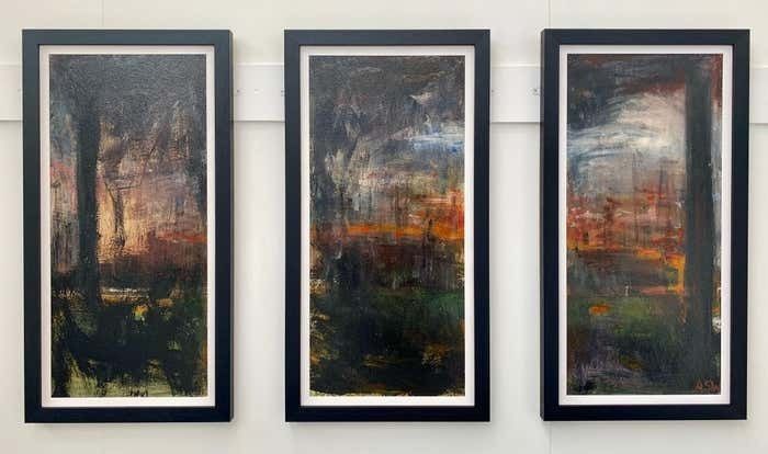 Angela Wakefield Triptych Abstract Forest Trees Landscape Painting By British Urban Artist 1999 photo for sale
