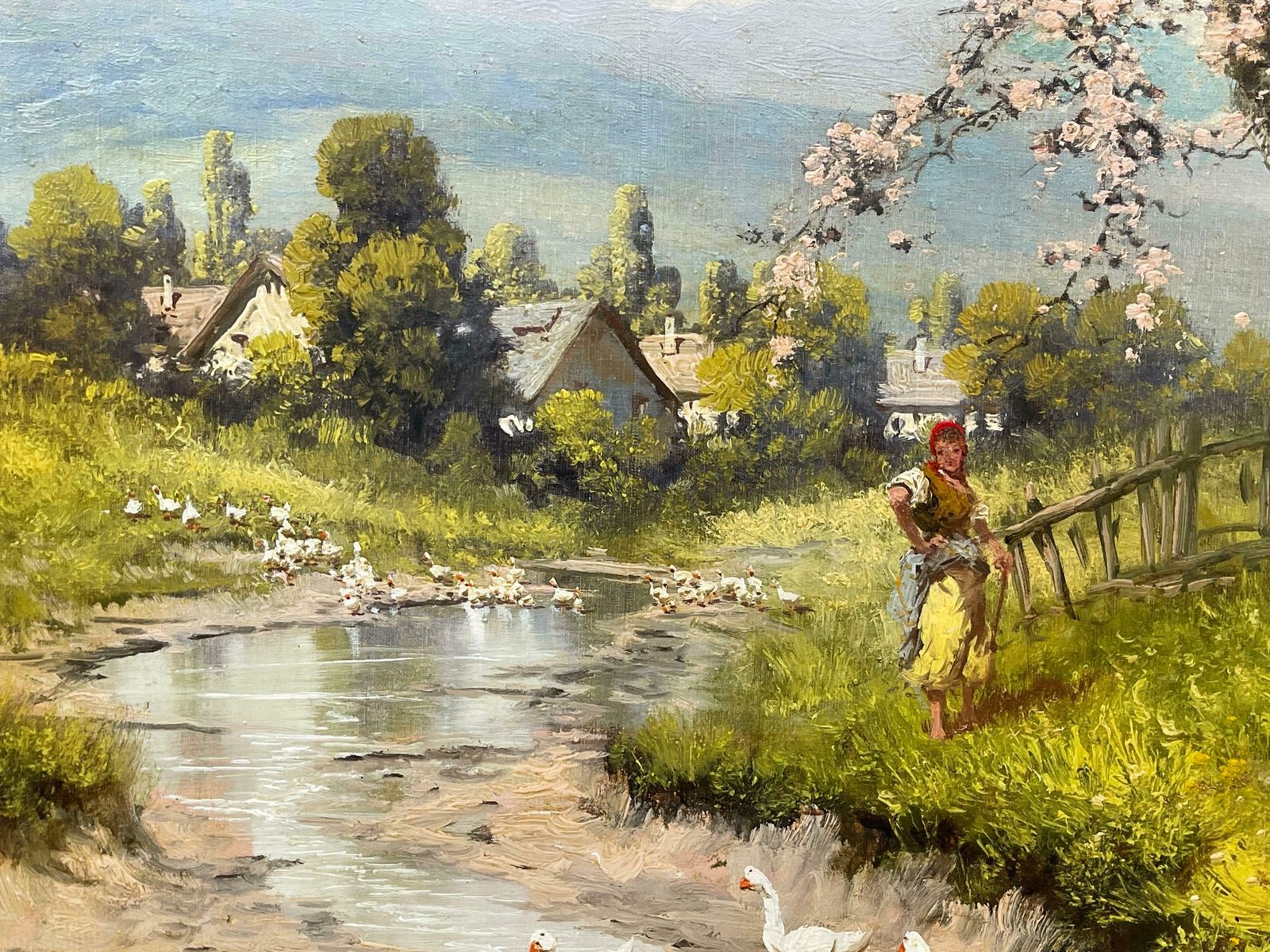 Laszlo Neogrady Countryside Village River Scene With Tree Blossom, Figure And Geese 20th Century  Circa 1925 photo vinterior