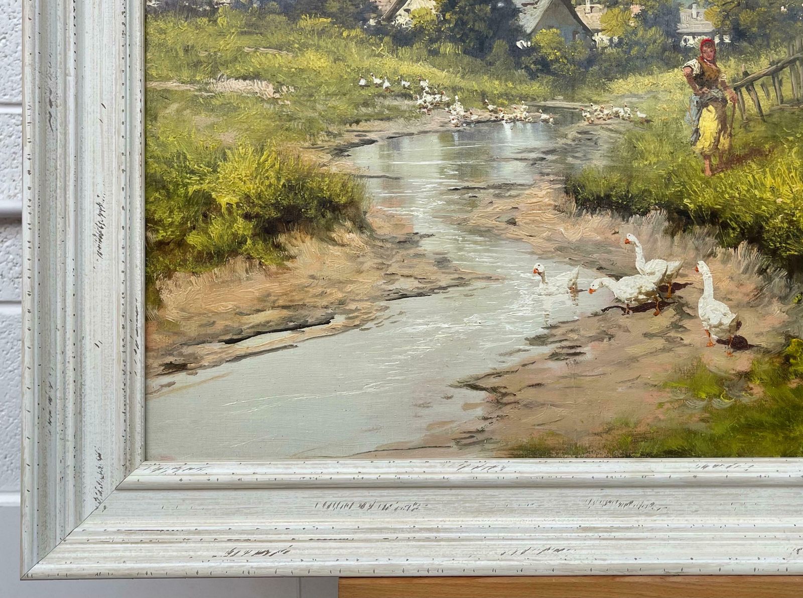 Laszlo Neogrady Countryside Village River Scene With Tree Blossom, Figure And Geese 20th Century  Circa 1925 photo vintage
