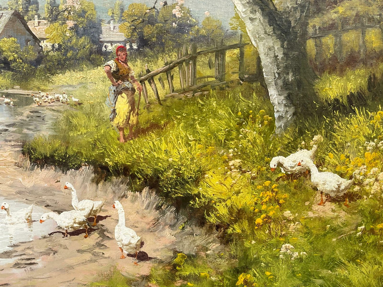 5950.0 Laszlo Neogrady Countryside Village River Scene With Tree Blossom, Figure And Geese 20th Century  Circa 1925 photo
