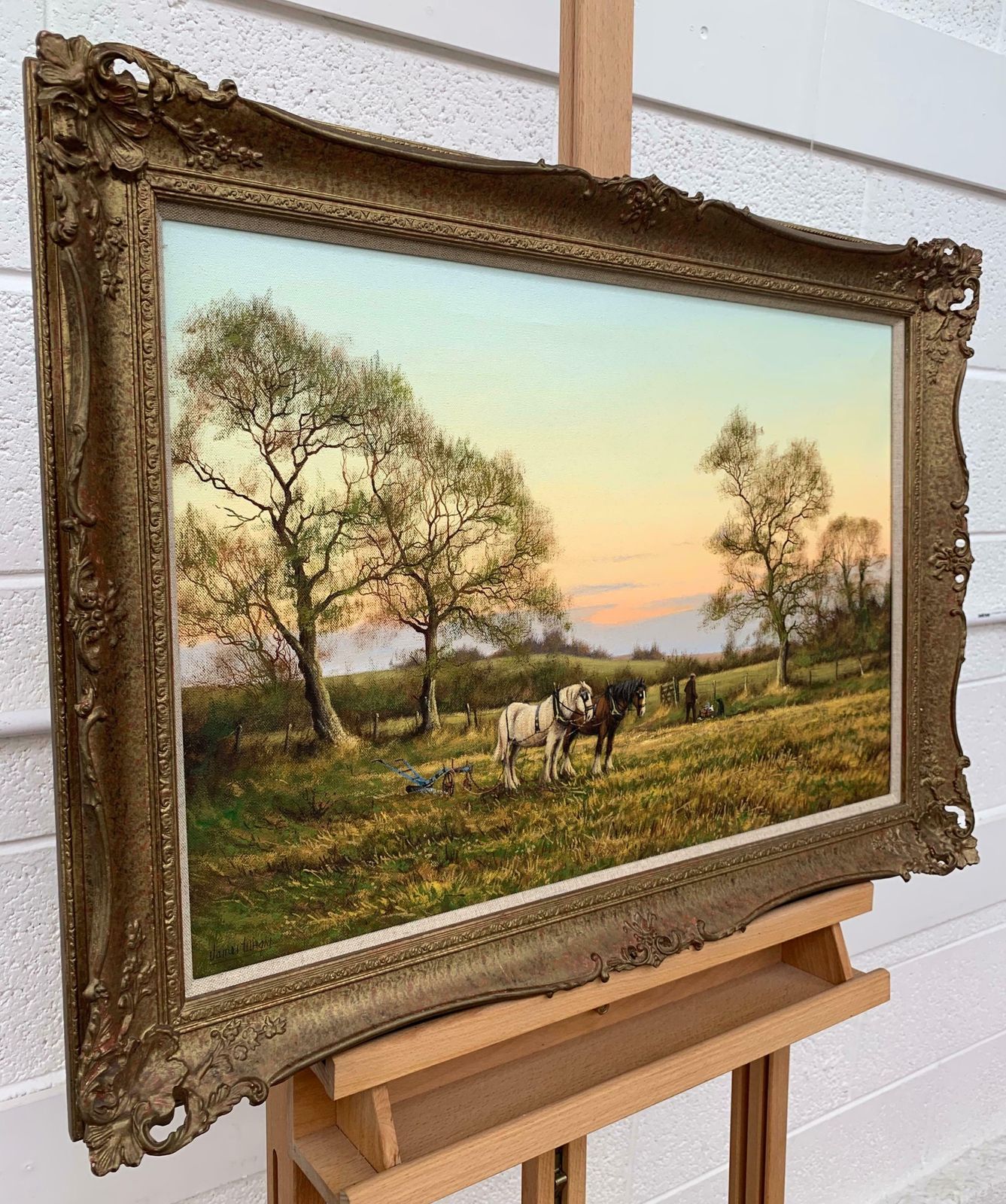 James Wright Horse Drawn Plough With Two Horses Ploughman And Dog By British Landscape Artist  1990 Circa photo furniture