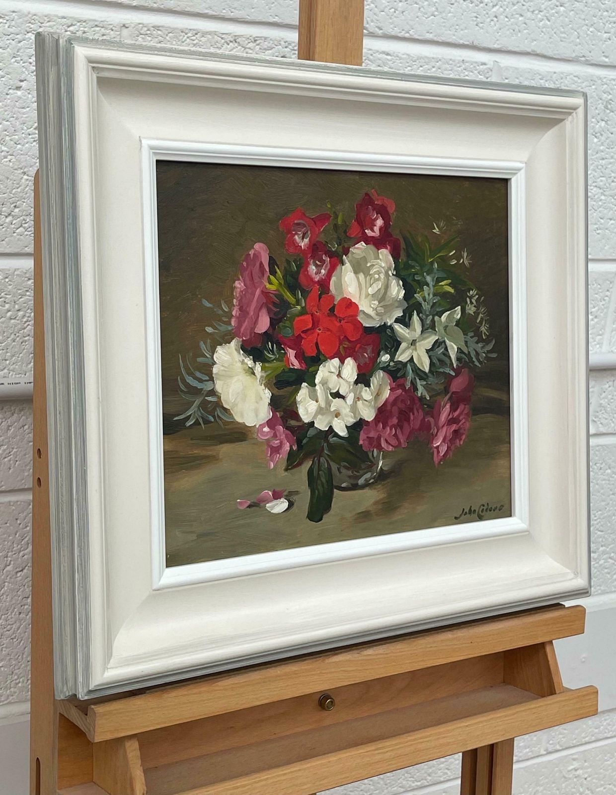 John Whitlock Codner Rwa Still Life Painting Of Red Pink & White Flowers By 20th Century British Artist  1985 photo for sale