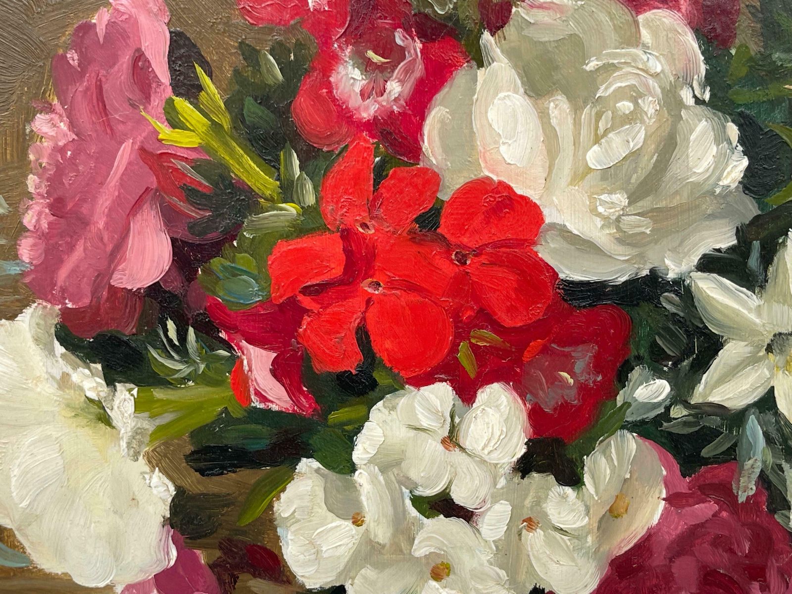photo for sale John Whitlock Codner Rwa Still Life Painting Of Red Pink & White Flowers By 20th Century British Artist  1985