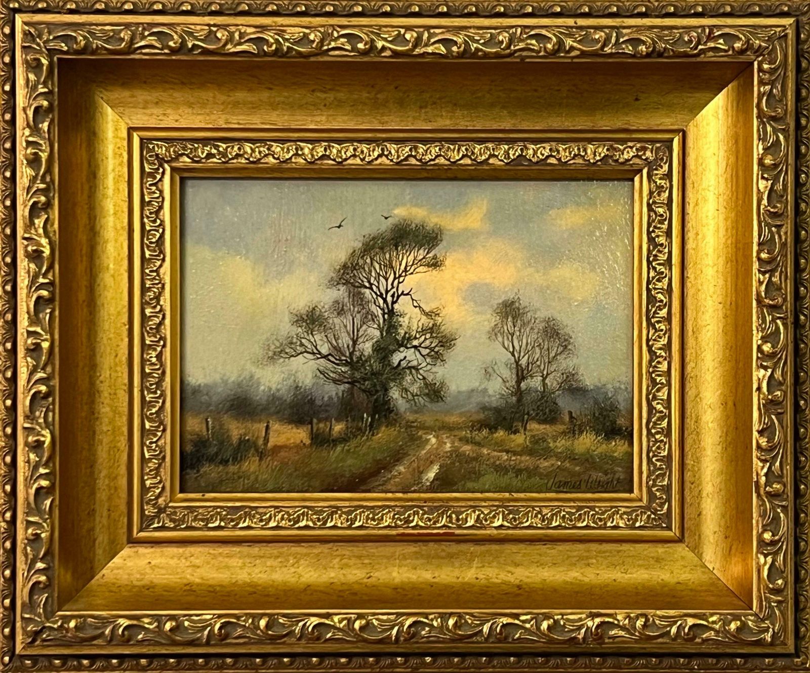 James Wright Country Lane With Trees & Birds In English Countryside By 20th Century Artist 1980 Circa