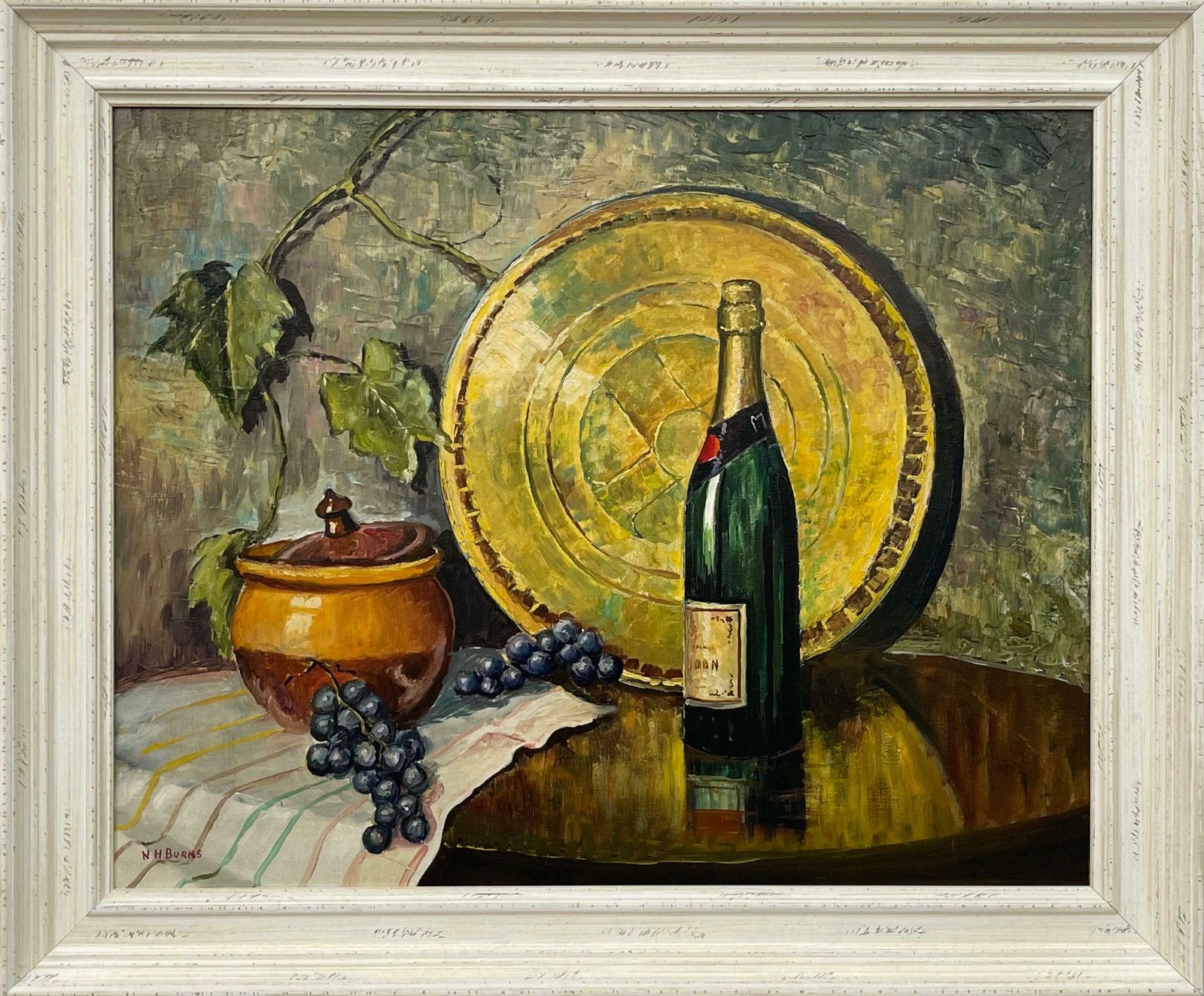 William Henry Burns Champagne Bottle With Grapes Still Life Oil Painting By 20th Century Artist  1985 Circa