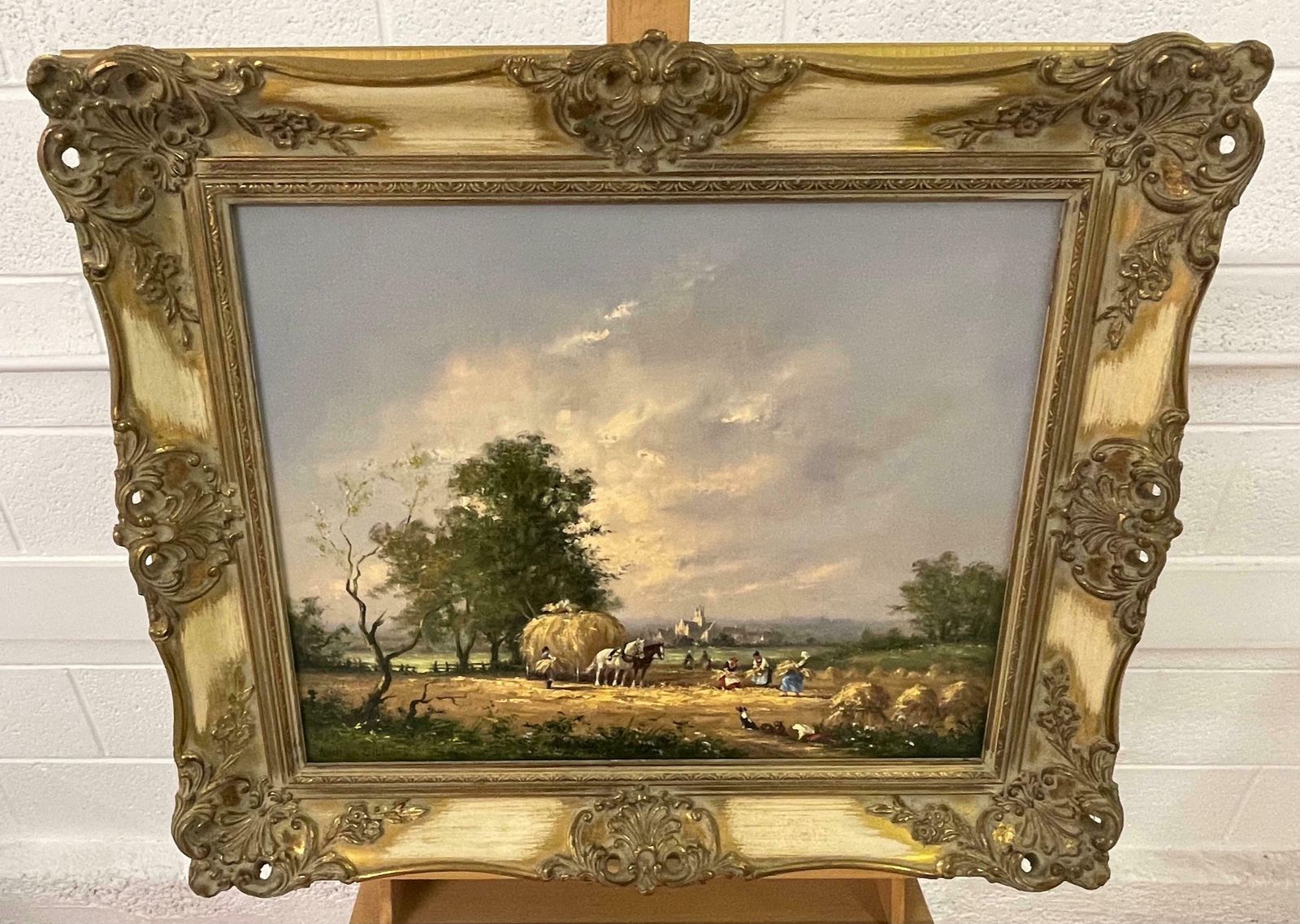 Gudrun Sibbons Oil Painting Of Country Harvest Scene With Horses & Figures By British Artist 1960 Circa photo Art