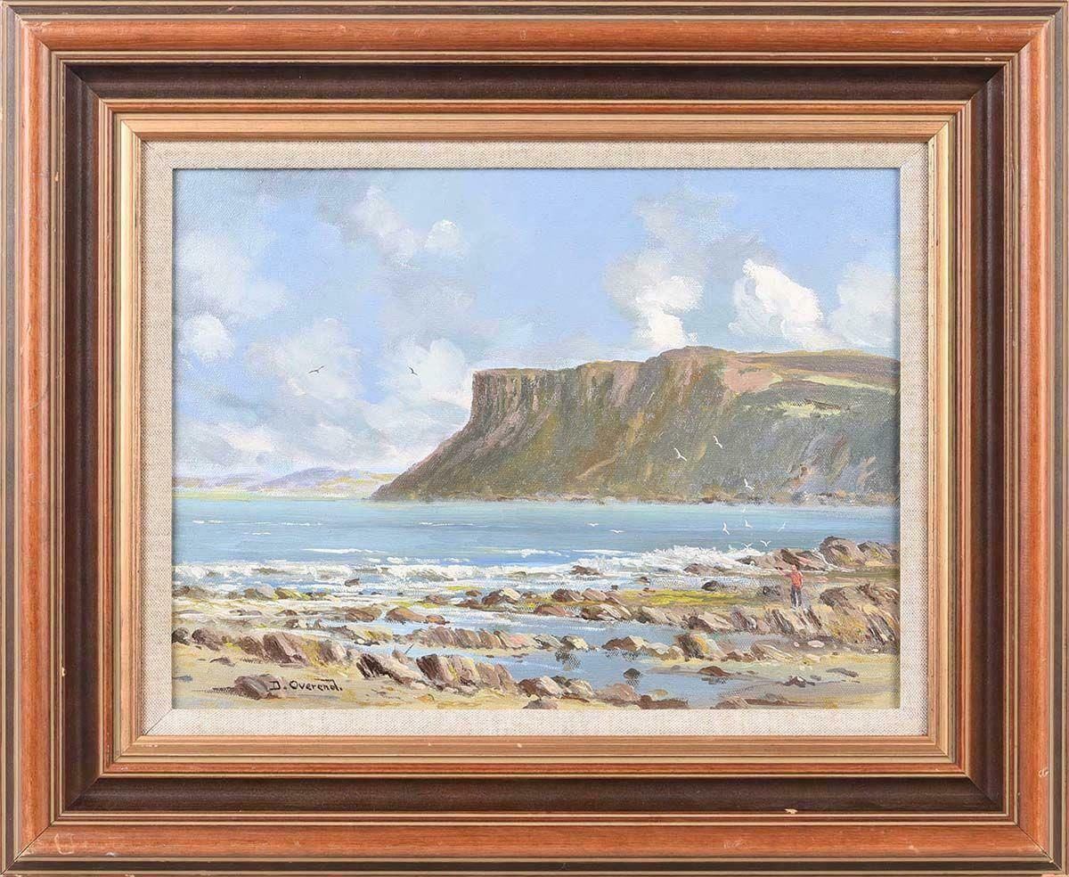 David Overend Coastal Mountain Cliff Beach Scene Northern Ireland By 20th Century Irish Artist  1975 Circa