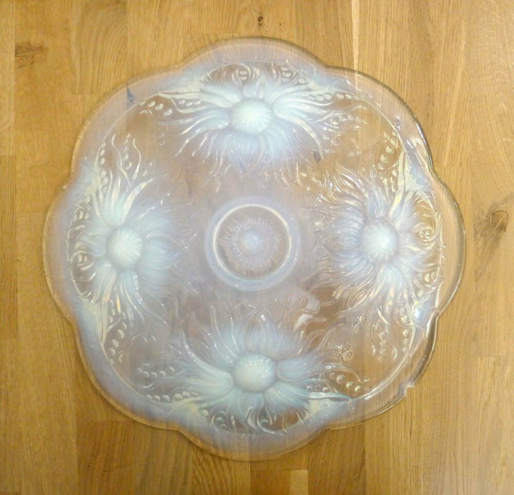 Large Molded Opalescent Glass Fruit Dish With Flowers & Pearls Motif, France, 1930s photo Home Decor
