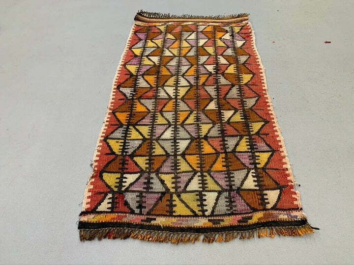 Vintage Turkish Mini Kilim 95x50 Cm Wool Small Kelim Runner, Shabby Chic photo furniture