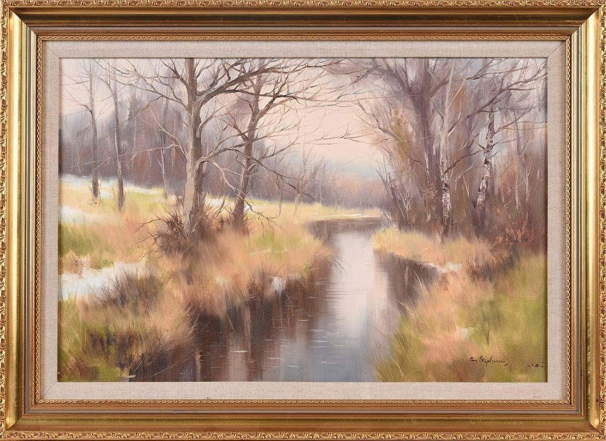 Tom Stephenson Oil Painting Of River Landscape In Ireland Countryside By Modern Irish Artist 1984 photo for sale