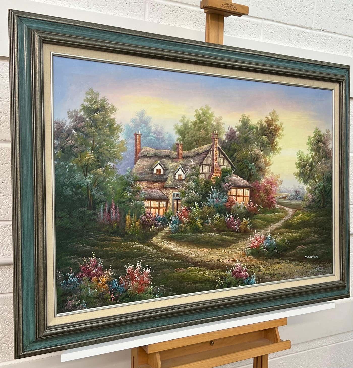 Marten Vintage Oil Painting Of Fantasy Cottage In The Woods With Flowers & Gardens 1980 Circa photo furniture