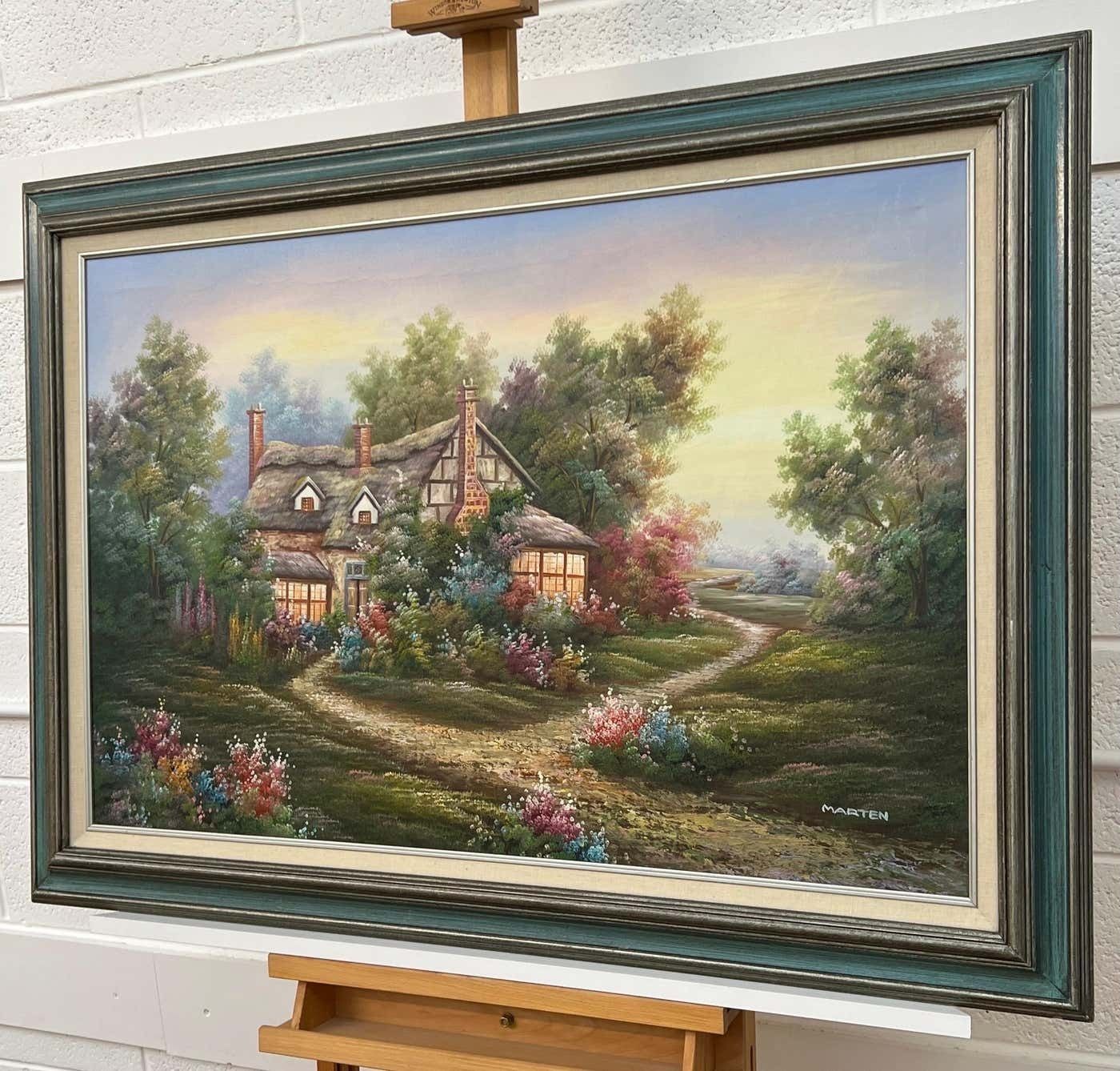 Marten Vintage Oil Painting Of Fantasy Cottage In The Woods With Flowers & Gardens 1980 Circa photo Art