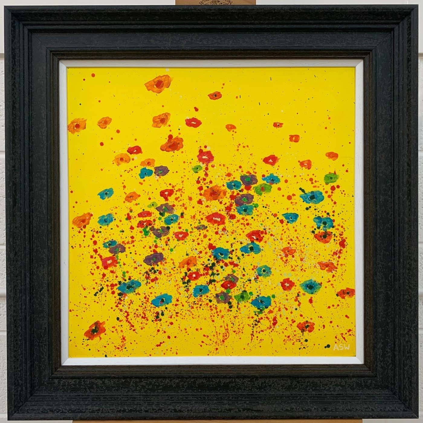 photo for sale Angela Wakefield Abstract Red Pink Blue Flowers On Yellow Background By British Landscape Artist 2001