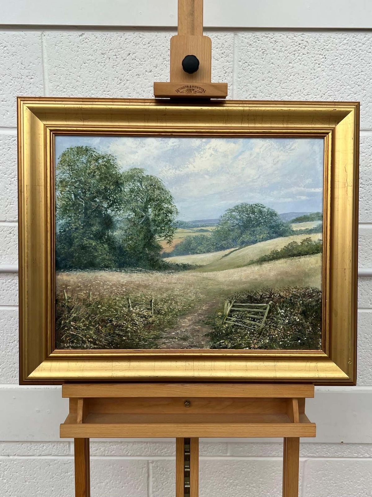 Dennis Harper Rural Field Landscape Oil Painting Of An Idyllic English Countryside Scene 1995 photo for sale