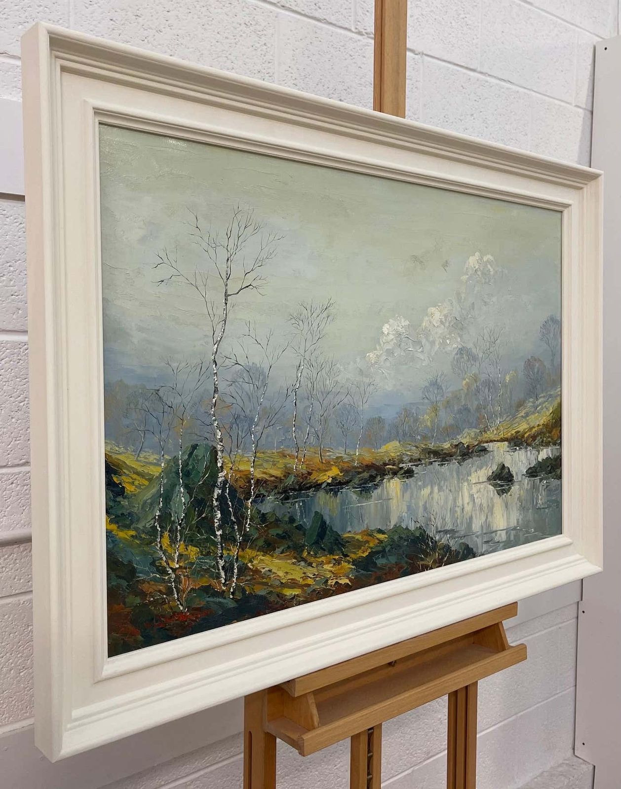 Charles Wyatt Warren Oil Painting Of River Bank With Silver Birch Trees And Misty Hills & Mountains 1970 Circa photo furniture