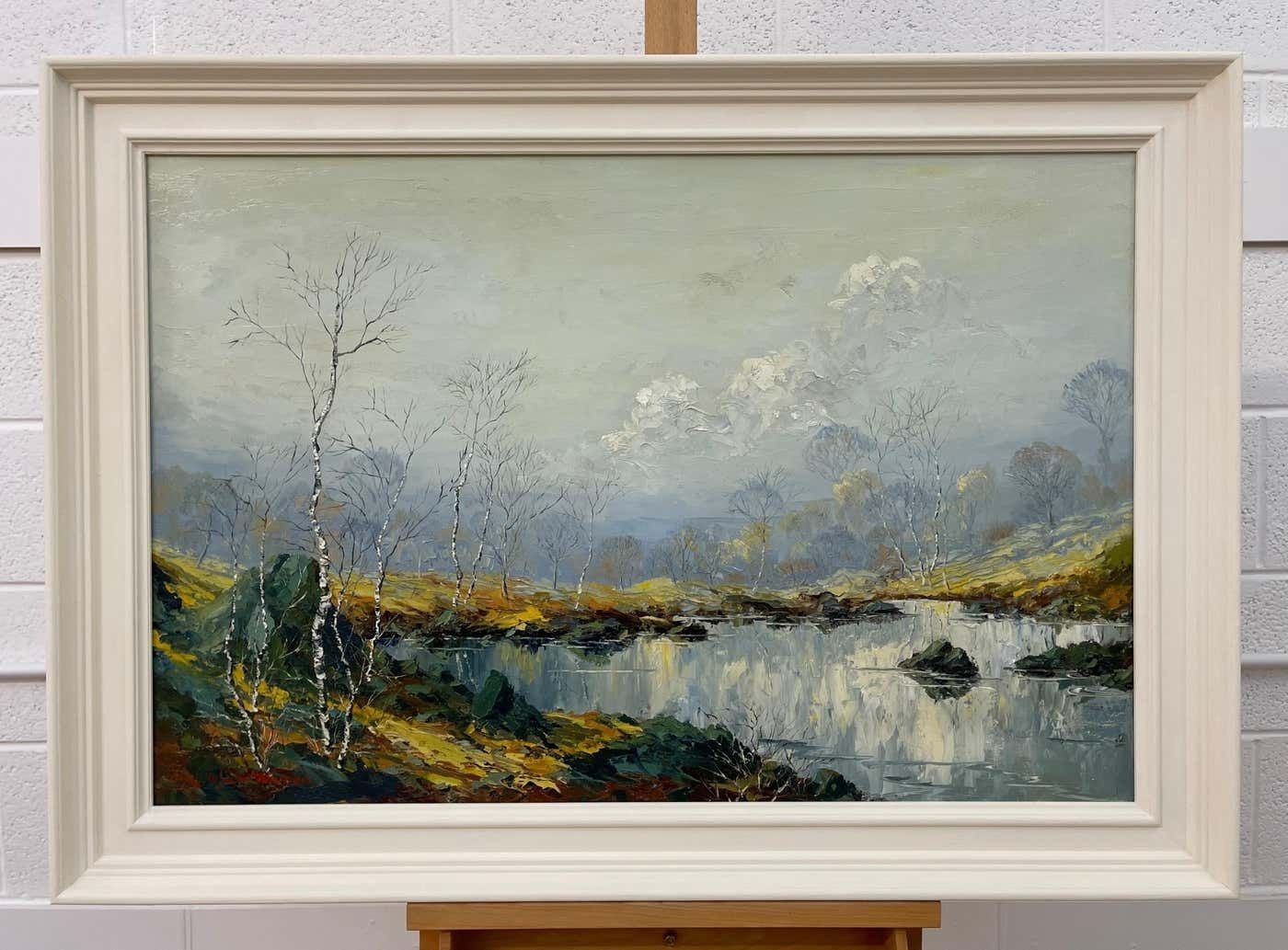 Charles Wyatt Warren Oil Painting Of River Bank With Silver Birch Trees And Misty Hills & Mountains 1970 Circa photo for sale