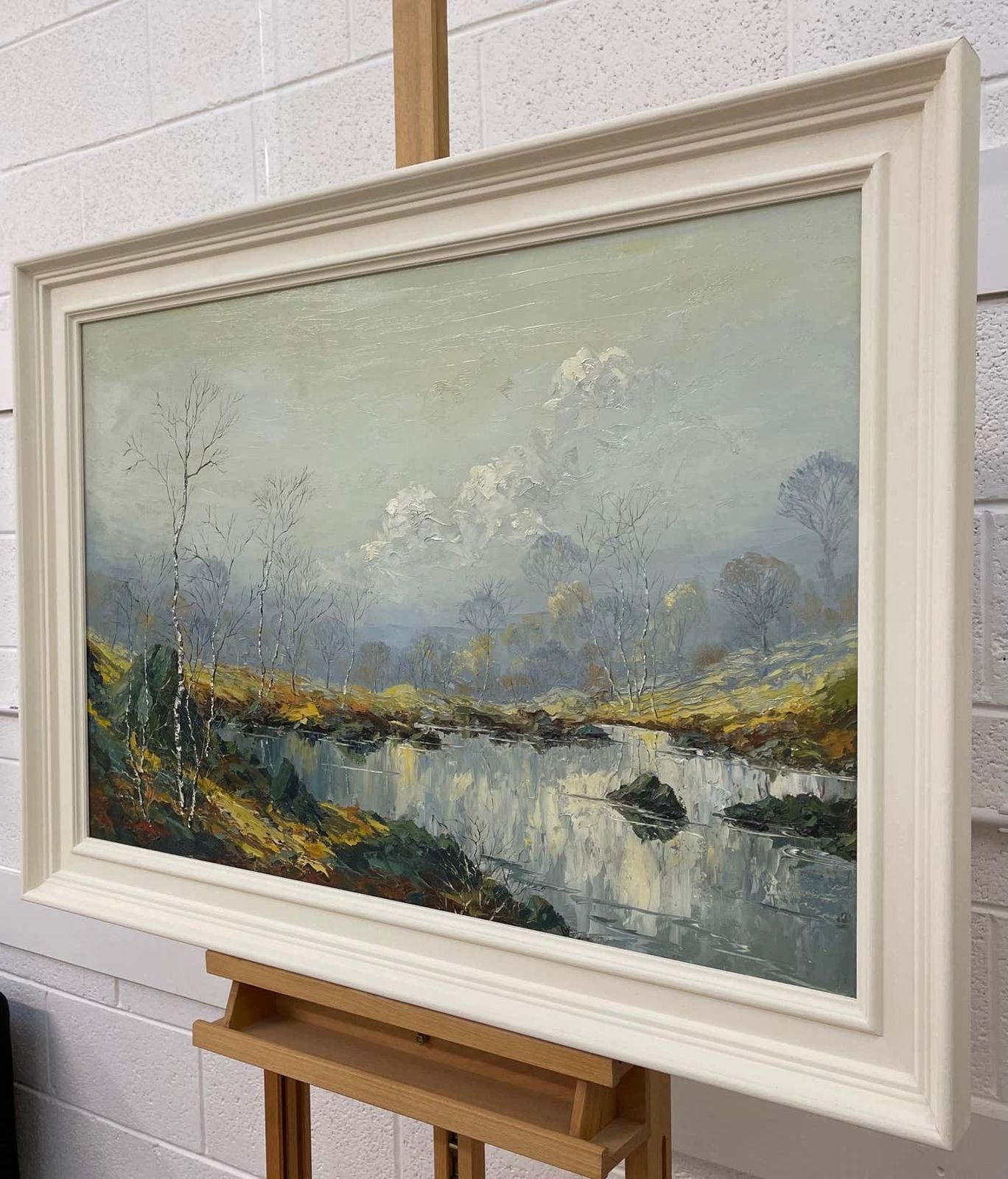 Charles Wyatt Warren Oil Painting Of River Bank With Silver Birch Trees And Misty Hills & Mountains 1970 Circa photo Art