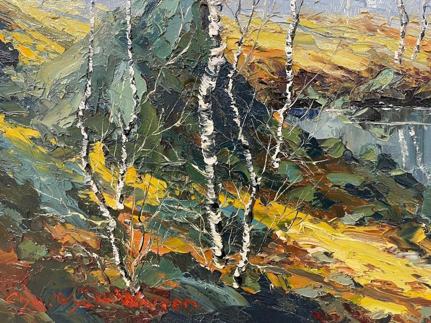 Charles Wyatt Warren Oil Painting Of River Bank With Silver Birch Trees And Misty Hills & Mountains 1970 Circa photo buy