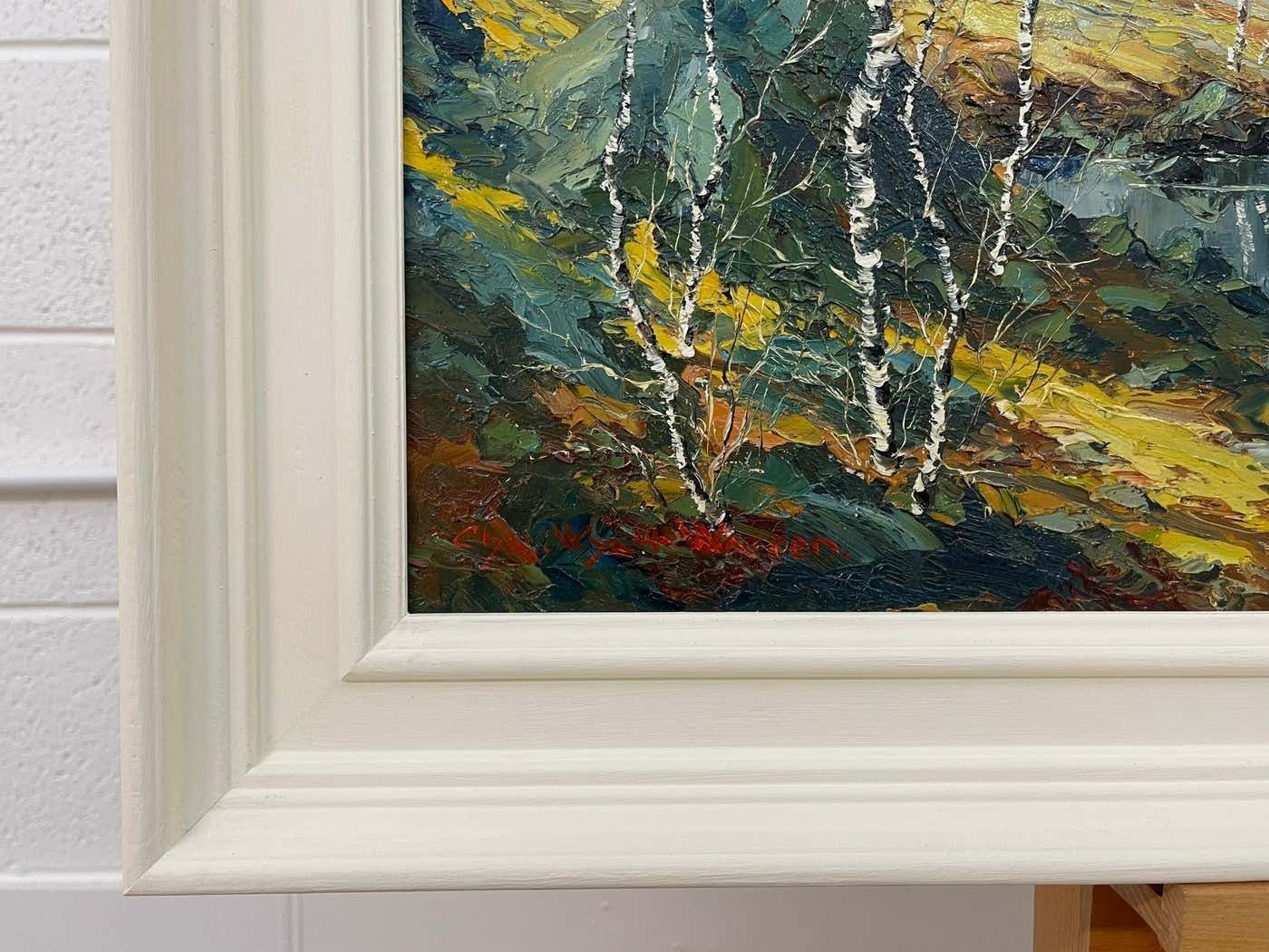 photo vintage Charles Wyatt Warren Oil Painting Of River Bank With Silver Birch Trees And Misty Hills & Mountains 1970 Circa