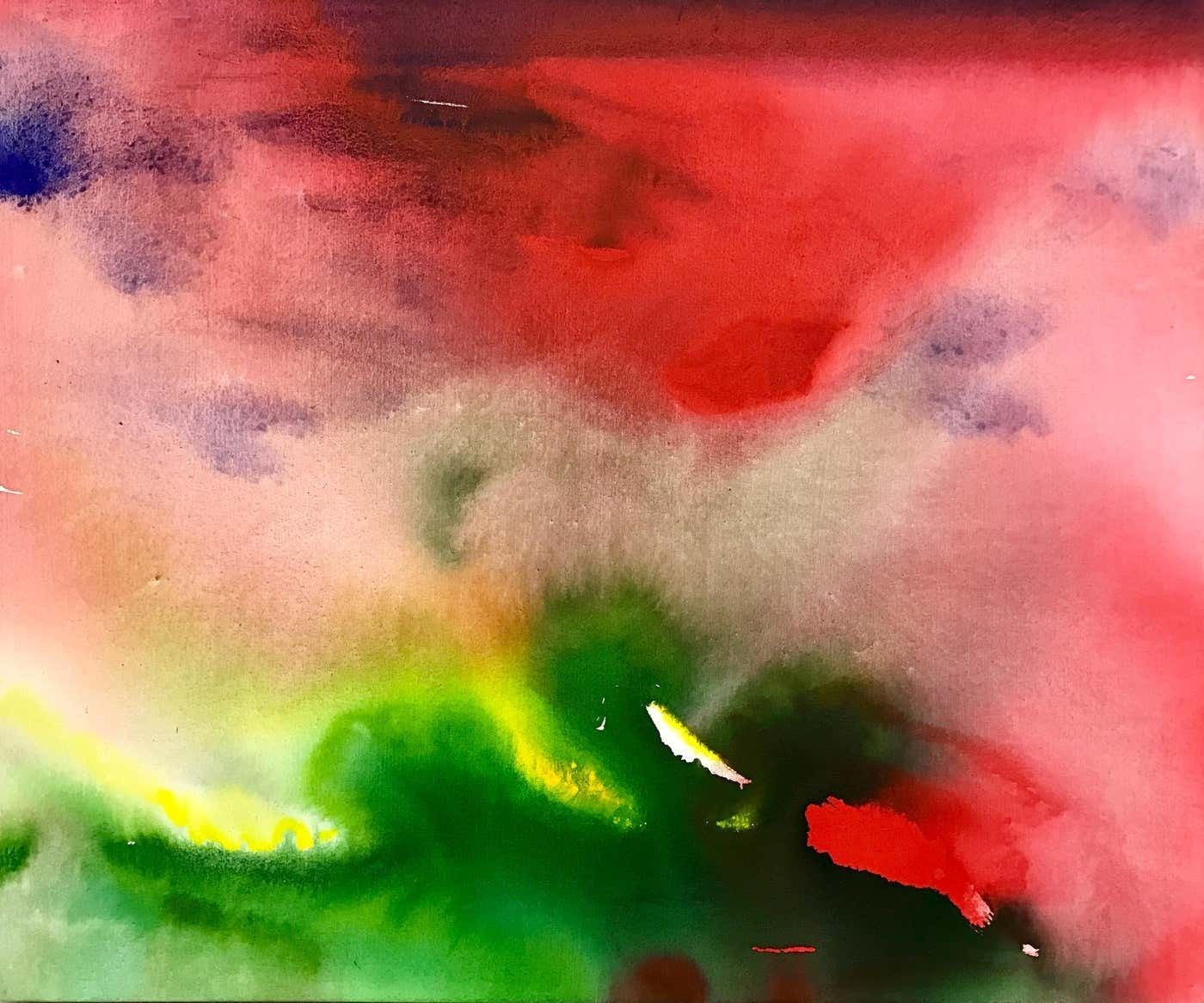 Margaret Francis Red And Green Modern Abstract Landscape Painting On Canvas By British Artist 2001