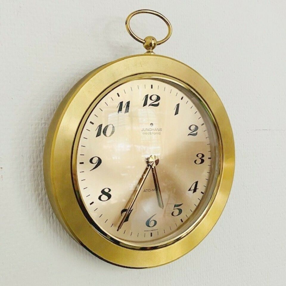 Vintage Junghans Brass Wall Clock Eletronic Ato Mat Gold 1960's photo for sale