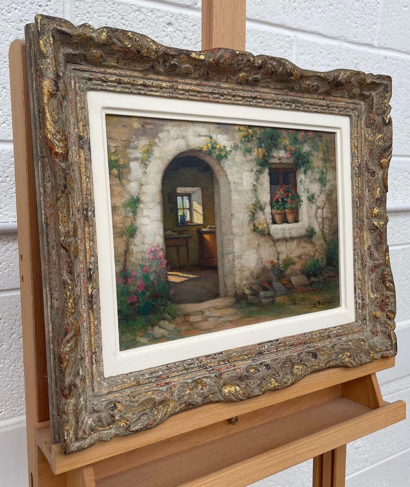 Charles Perron Early 20th Century Oil Of French Stone Building Entitled Interieur Et Exteriuer Circa 1925 photo furniture