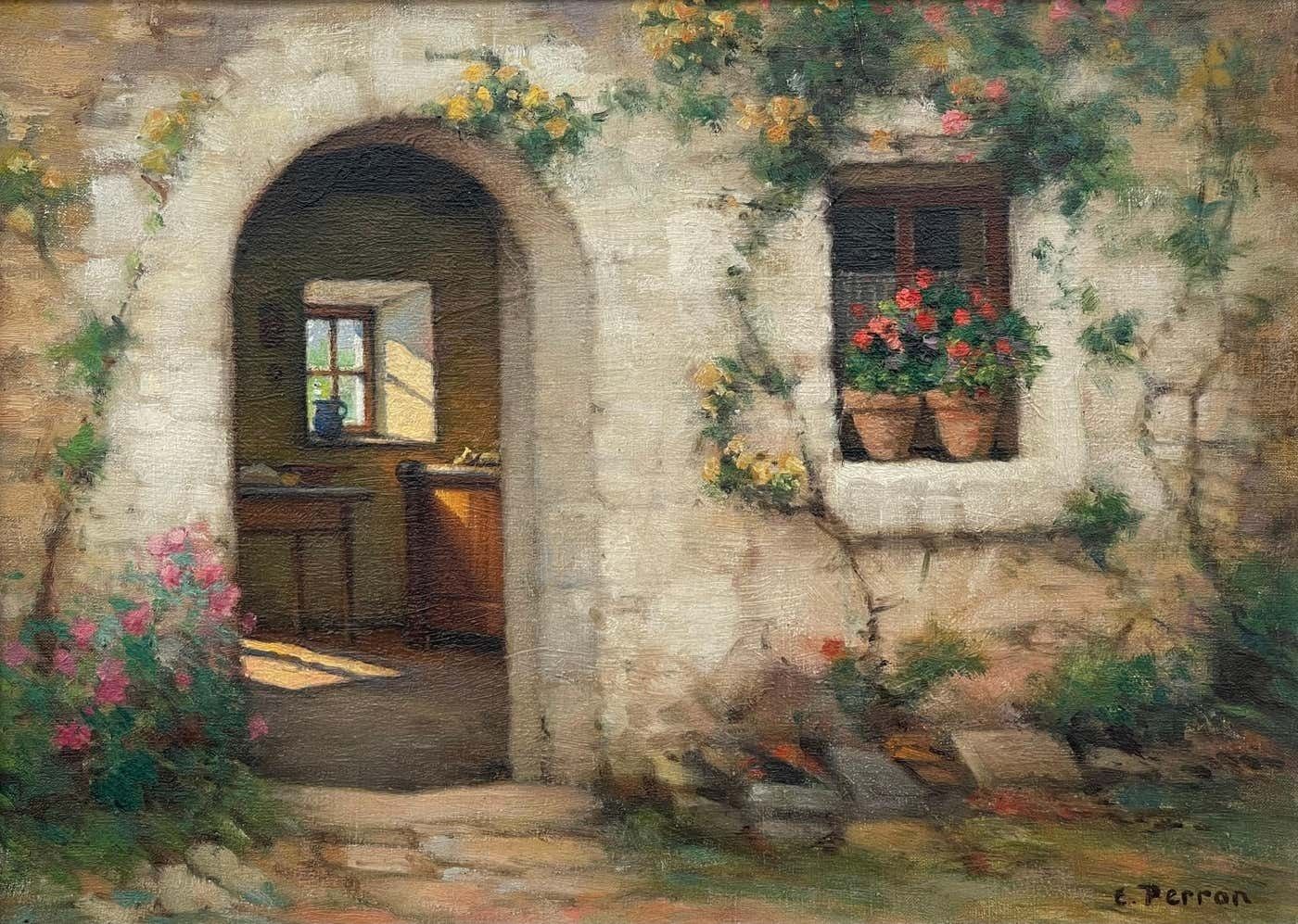 Charles Perron Early 20th Century Oil Of French Stone Building Entitled Interieur Et Exteriuer Circa 1925 photo 3950.0