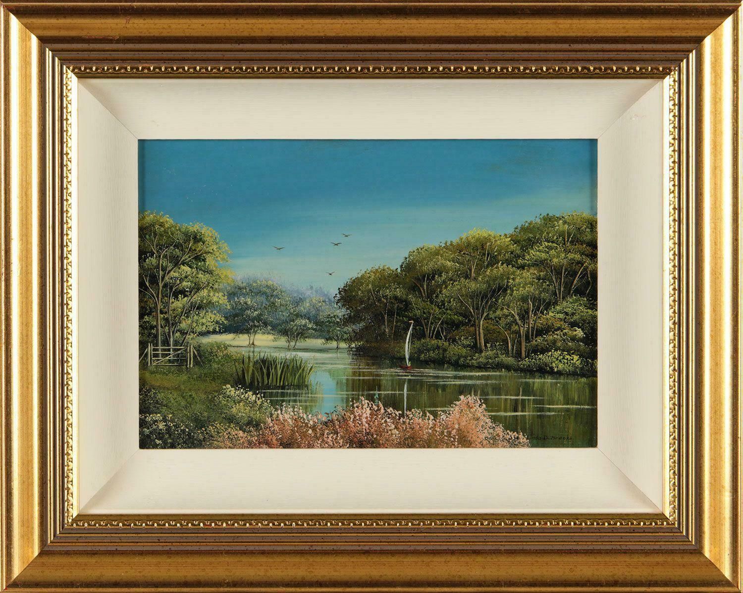 Linda D Brooks 20th Century Miniature Oil Painting Of An English River Scene By British Artist 1980 Circa photo for sale
