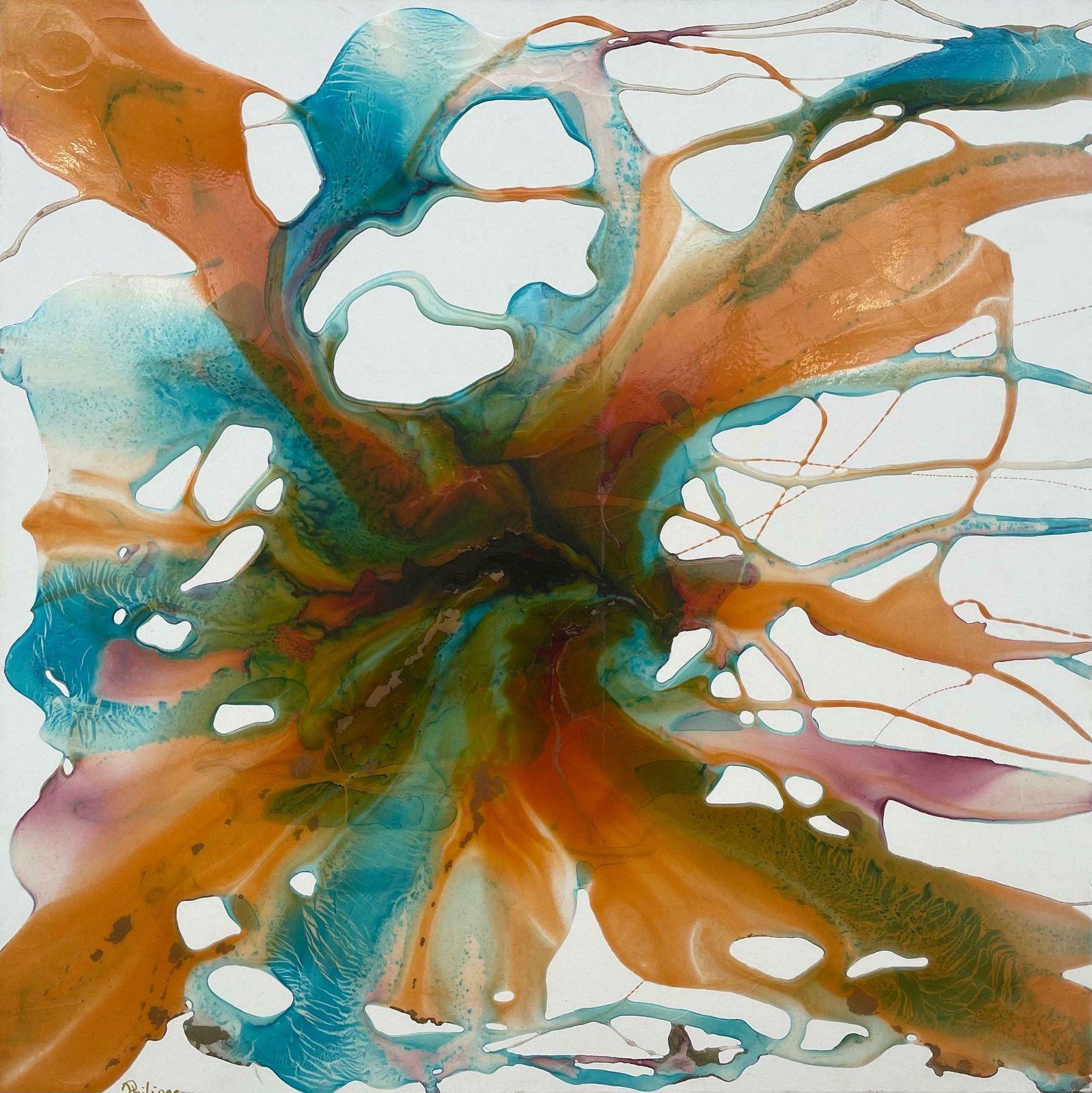Philippe Aird Colourful Abstract Painting Using Orange & Turquoise Resin On A White Canvas 2005 Circa