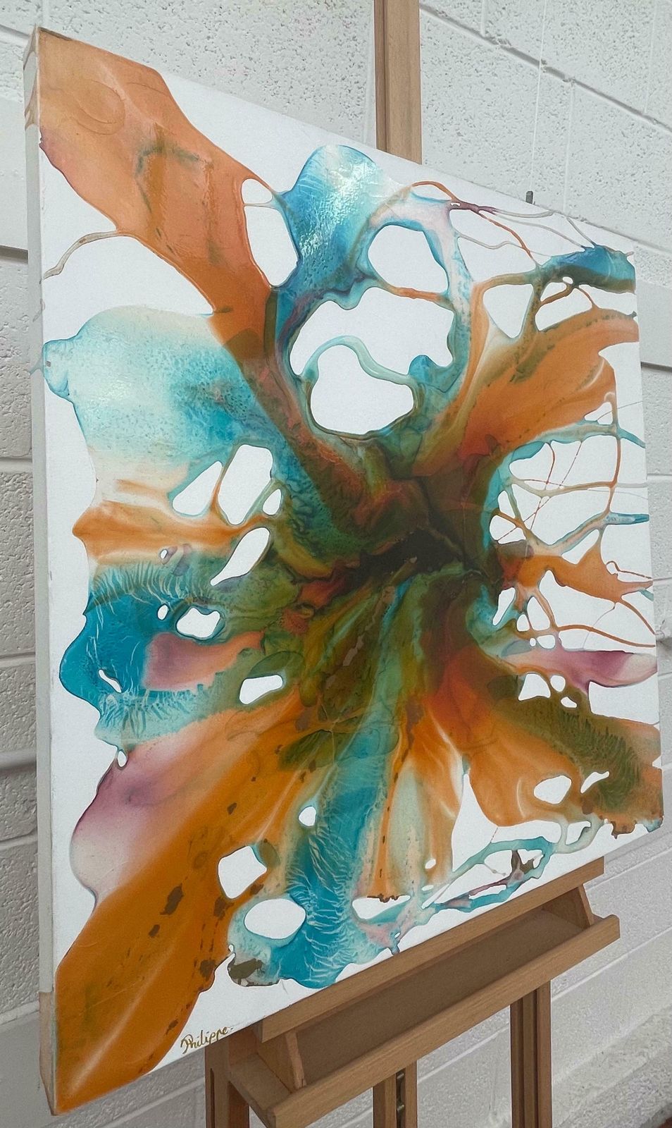 Philippe Aird Colourful Abstract Painting Using Orange & Turquoise Resin On A White Canvas 2005 Circa photo furniture