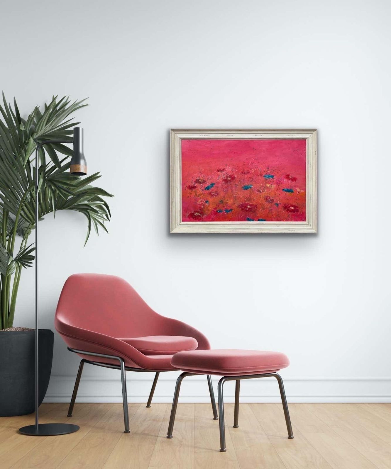 Angela Wakefield Abstract Turquoise & Red Flowers On Pink Background By British Landscape Artist 2021 photo for sale