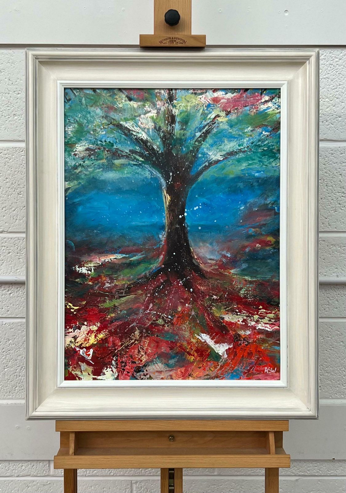 Angela Wakefield Tree With Red Pink White & Blue Abstract Background By British Landscape Artist 2023 photo Art