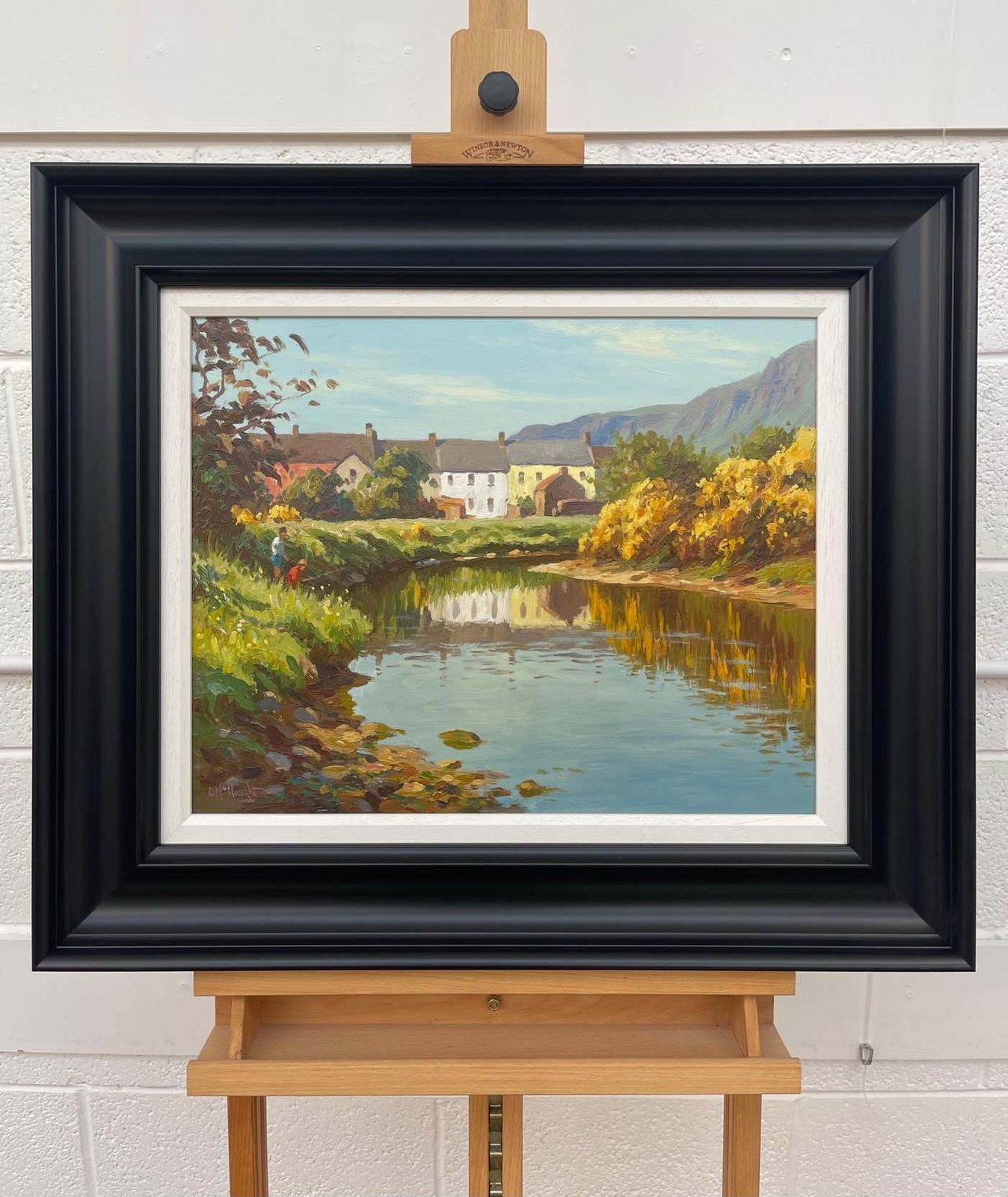 Donal Mcnaughton Fly Fishing River Scene In Coastal Village Ireland By Contemporary Irish Artist 2000 Circa photo for sale