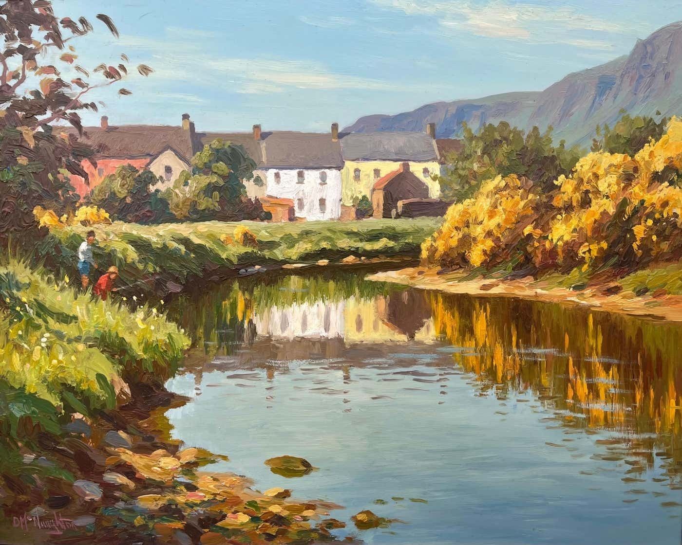 Donal Mcnaughton Fly Fishing River Scene In Coastal Village Ireland By Contemporary Irish Artist 2000 Circa photo 1750.0