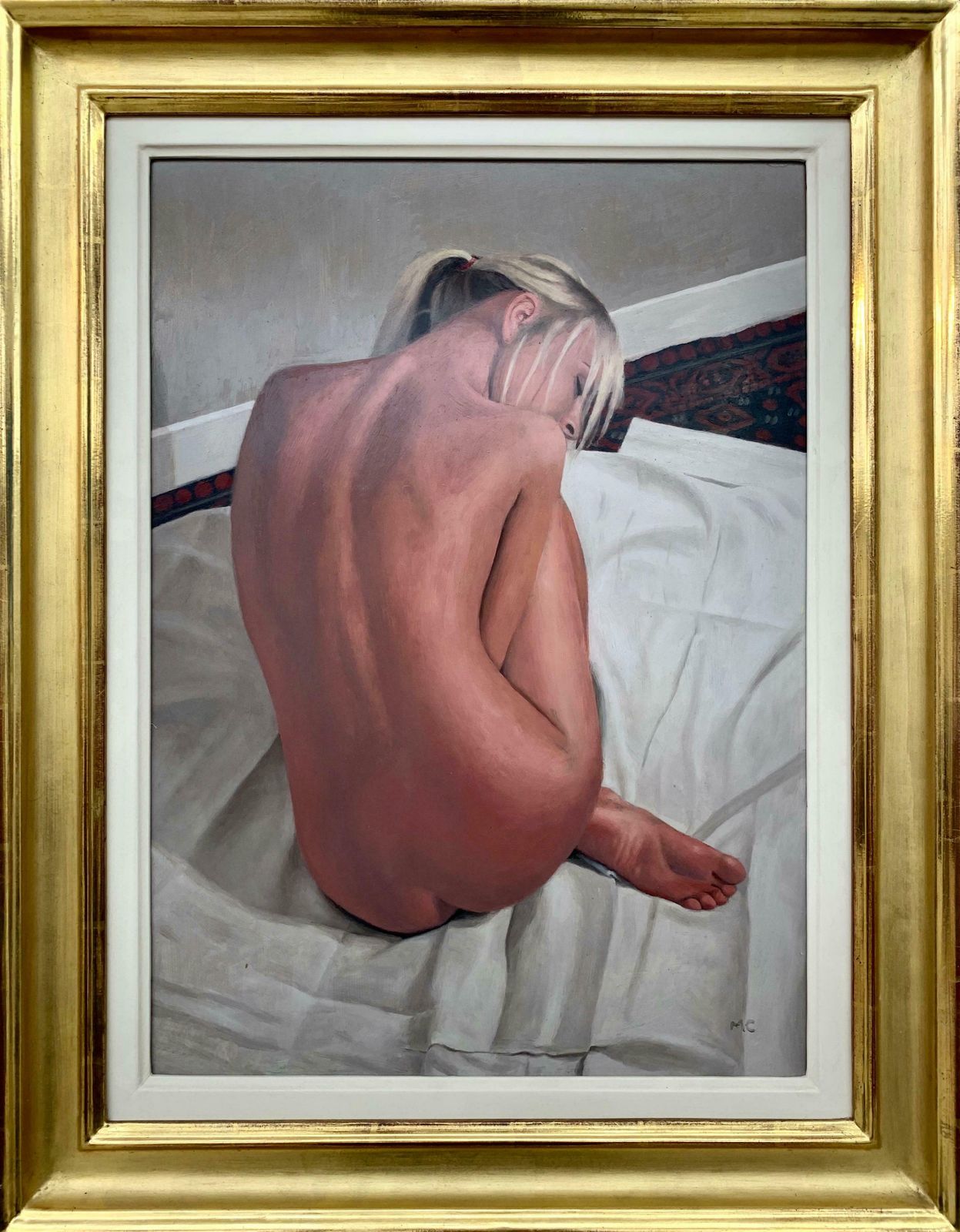 Mark Clark Oil Painting Of Female Blonde Nude Figure On Bed By Contemporary British Artist 2000 Circa