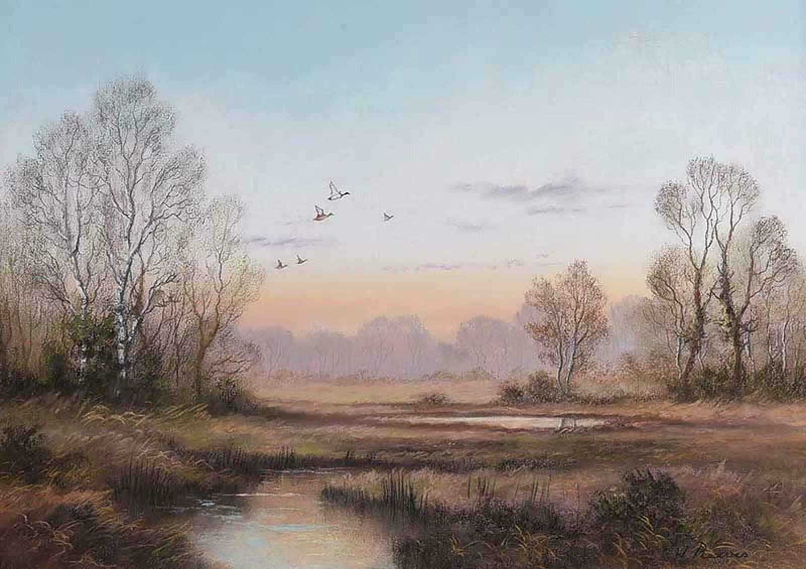 Wendy Reeves Mallards Over Wetlands In The English Countryside By 20th Century British Artist 1985 Circa photo furniture