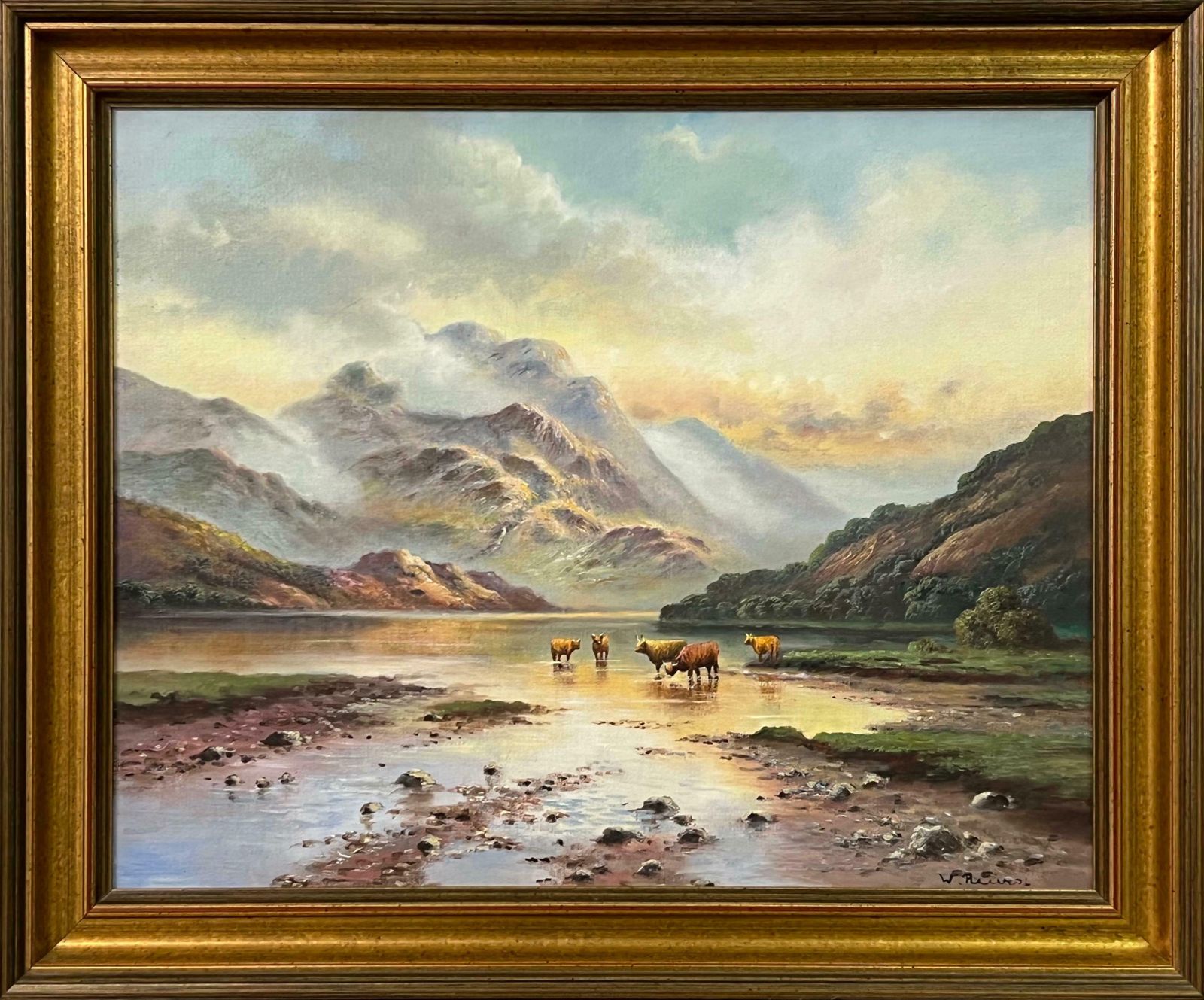 Wendy Reeves Oil Painting Of Highland Cows In Scotland Loch By 20th Century British Artist 1985 Circa photo for sale