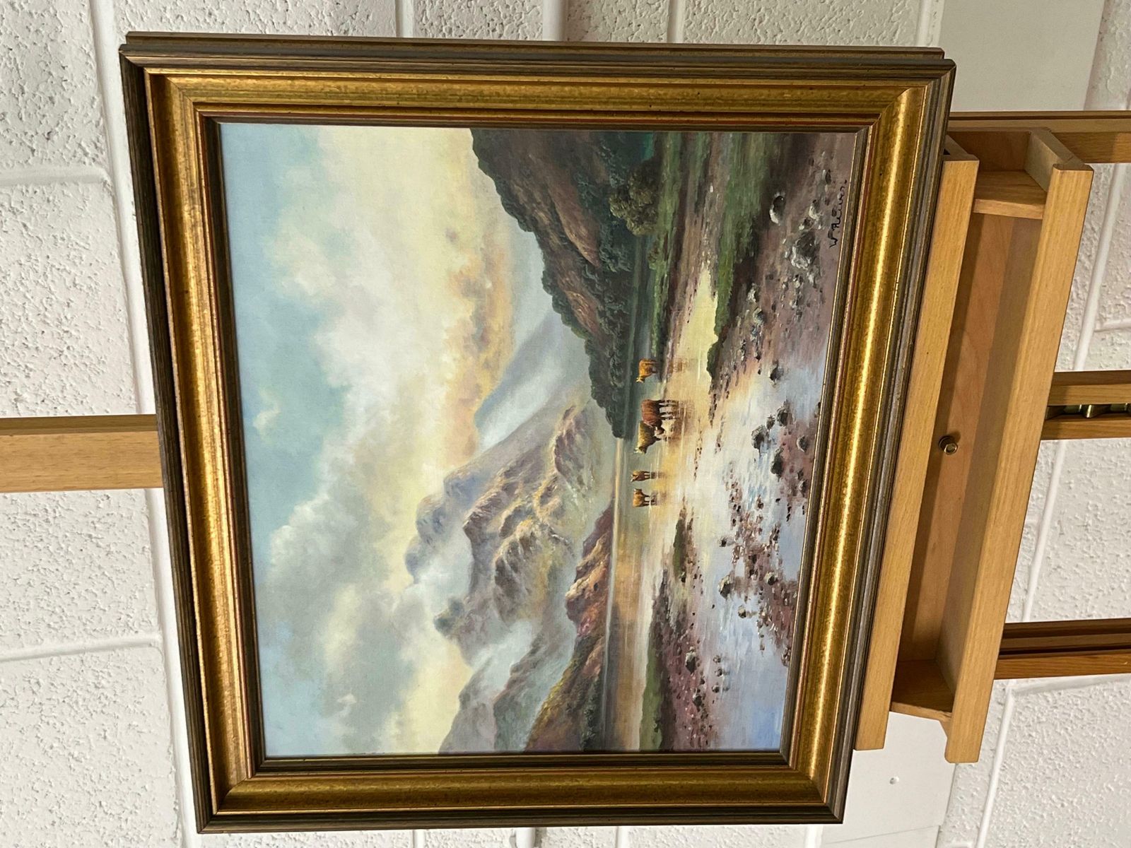 photo furniture Wendy Reeves Oil Painting Of Highland Cows In Scotland Loch By 20th Century British Artist 1985 Circa