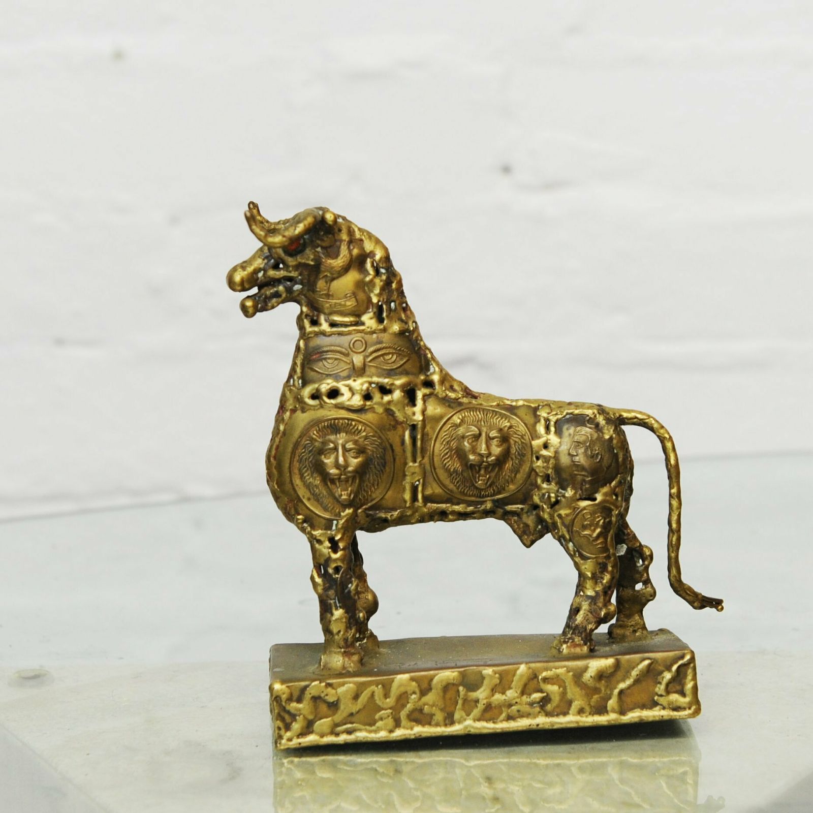 Brutalist Metal Sculpture Of A Brass Bull By Pal Kepenyes, 1970s photo furniture