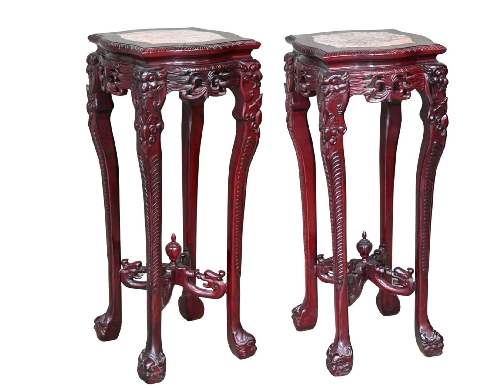 Chinese Pair Plant Stand | 2pcs Pedestal | Red Marble And Lacquer | Carved Wood