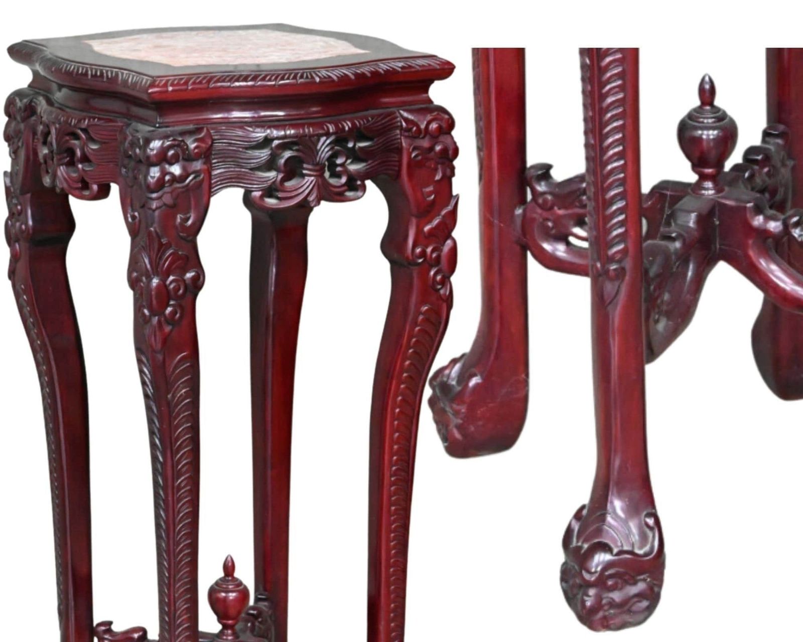 Chinees Paar Plantentafels | 2 Stuks Voetstuk | Rood Marmer En Lak | Gesneden Hout photo furniture