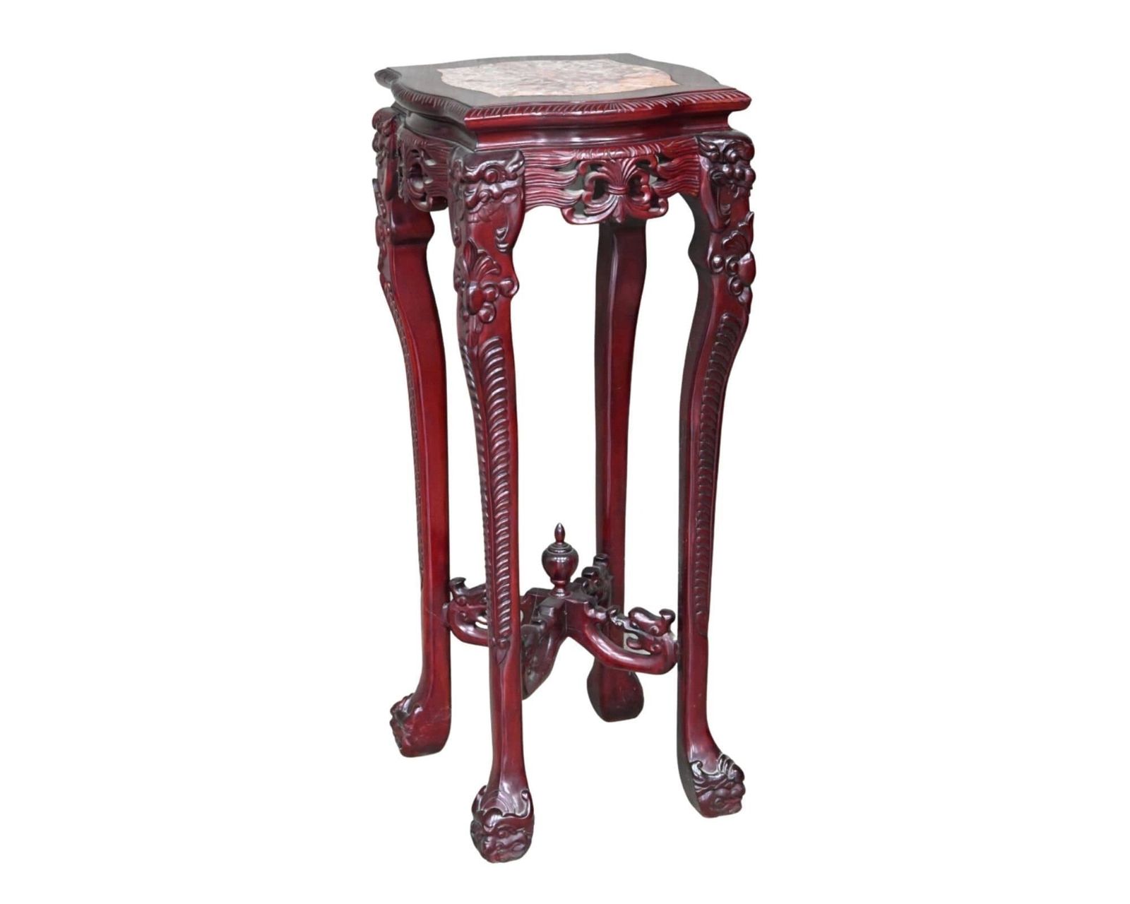 Chinees Paar Plantentafels | 2 Stuks Voetstuk | Rood Marmer En Lak | Gesneden Hout photo for sale