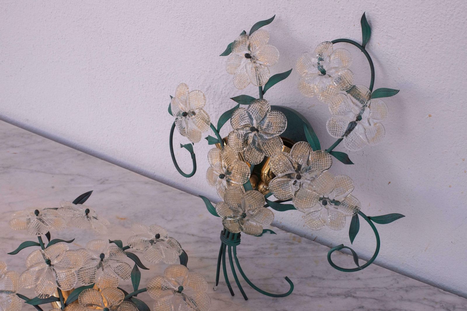 photo for sale Set Of 3 Murano Wall Light Flower By Seguso For Venini, Italy, 1960s