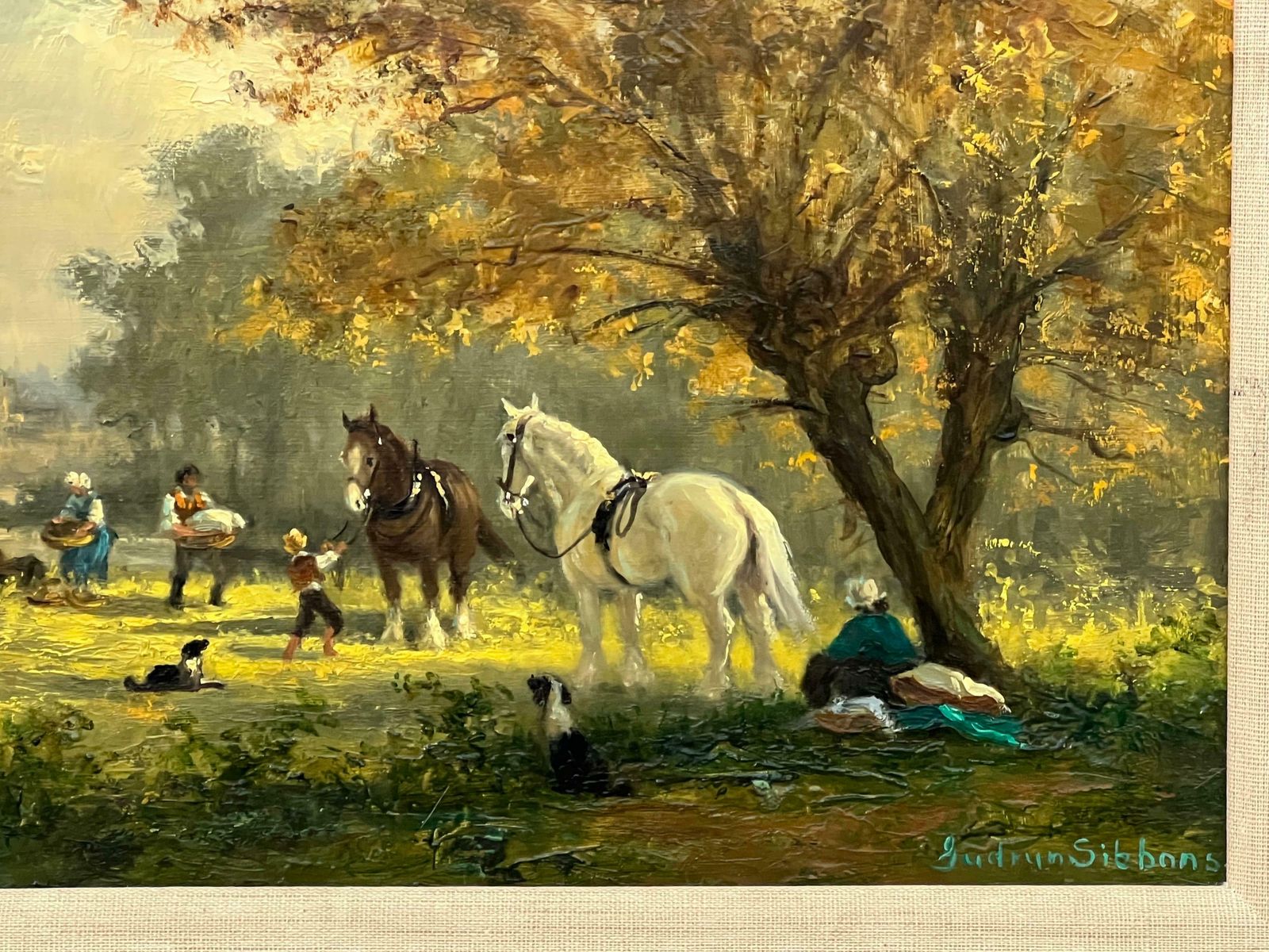 Gudrun Sibbons Idyllic Countryside Scene With River Boat, Horses, Figures & Dogs In Sunshine 1960 Circa photo furniture