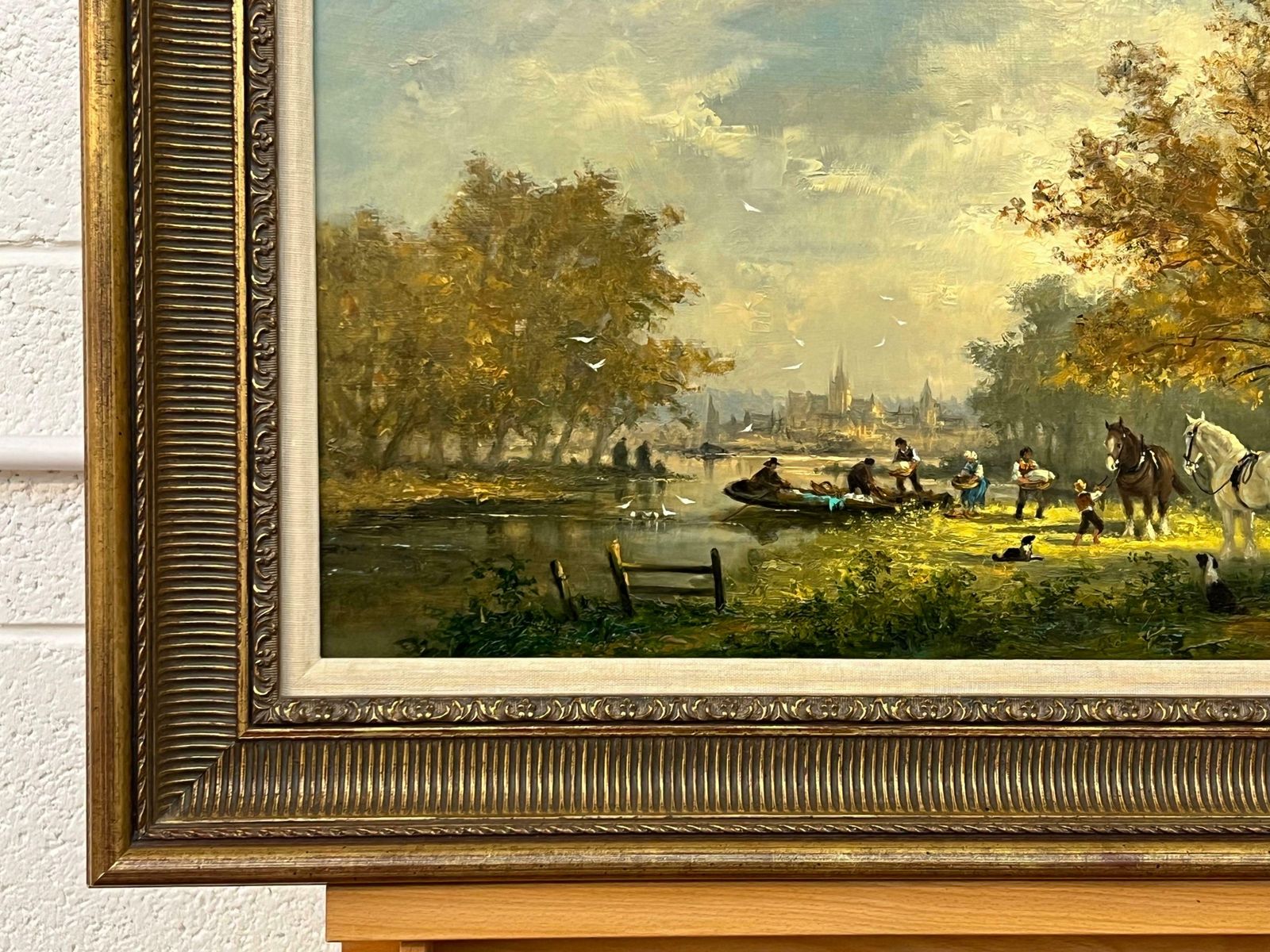 Gudrun Sibbons Idyllic Countryside Scene With River Boat, Horses, Figures & Dogs In Sunshine 1960 Circa photo vintage